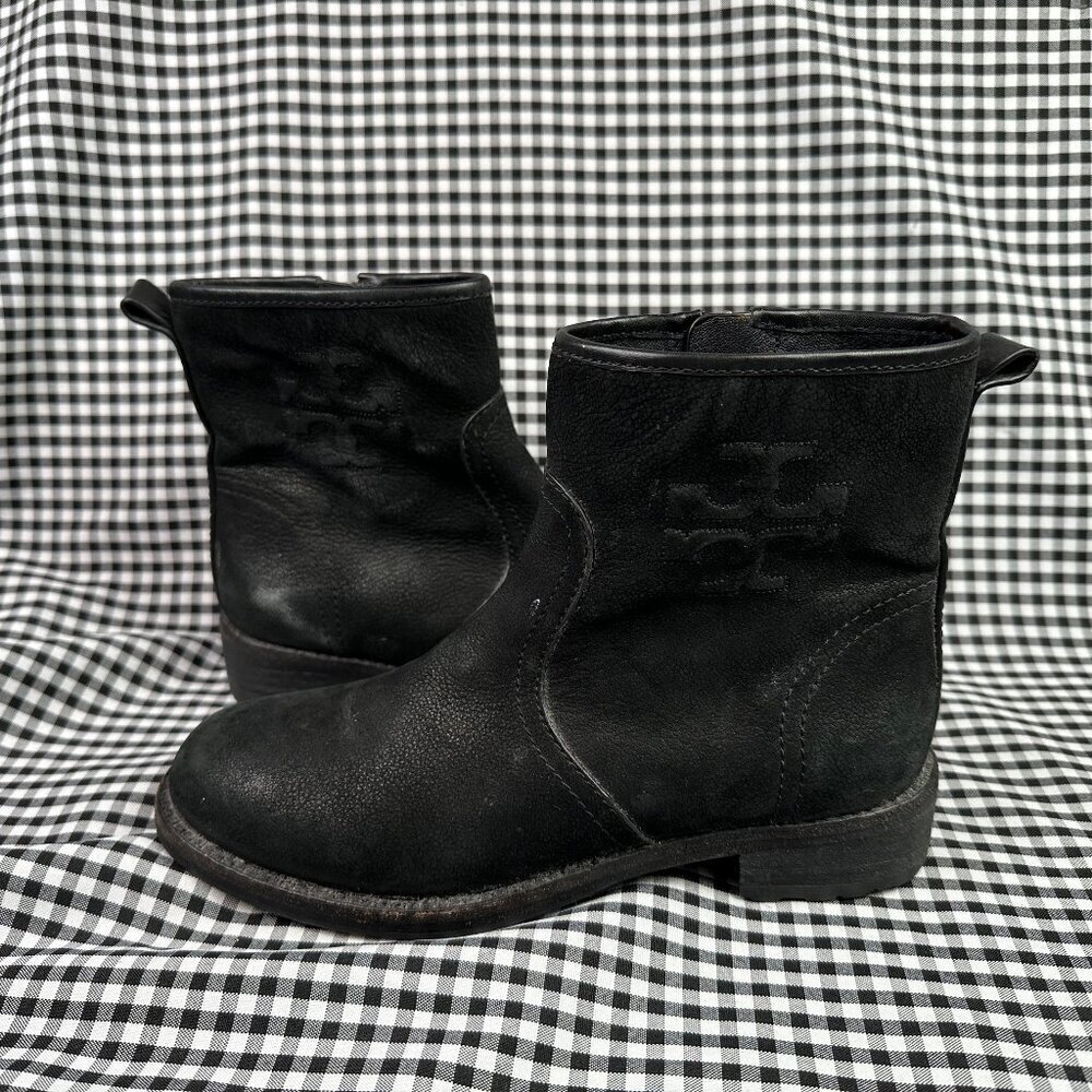 Tory Burch Simone Suede Leather Moto Ankle Bootie Side Zip Logo Black Womens 7.5
